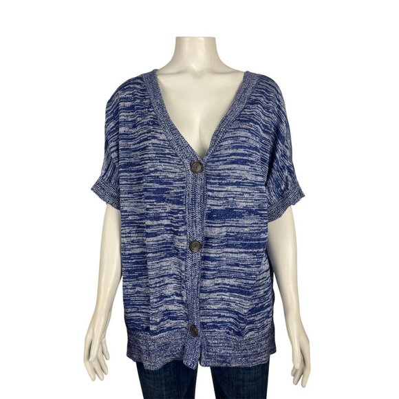 Soft Surroundings Oceana Cardigan Sweater Large Blue Short Sleeve Double V Neck - Picture 2 of 8